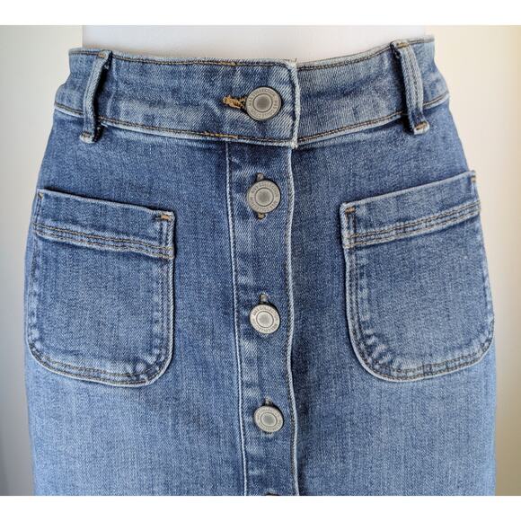 M&S VTG Denim Jean Skirt 4 Blue Midi Pencil 4 Button Front Patch Pockets 90s - Picture 2 of 10